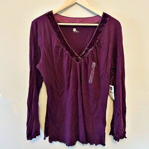 Gap Womens Purple Long Sleeve V Neck T Shirt XL Velvet Trim Soft Grunge Fairy